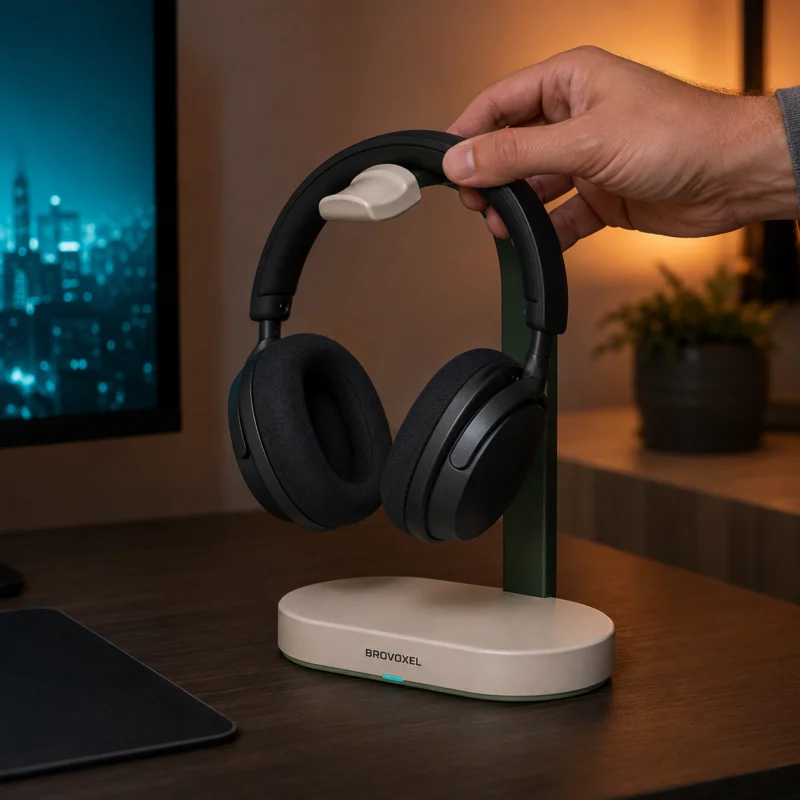 Organise your desk with the BROVOXEL Arc Headphone Stand, featuring an aluminium arch, soft silicone cradle and stable warm-stone base.