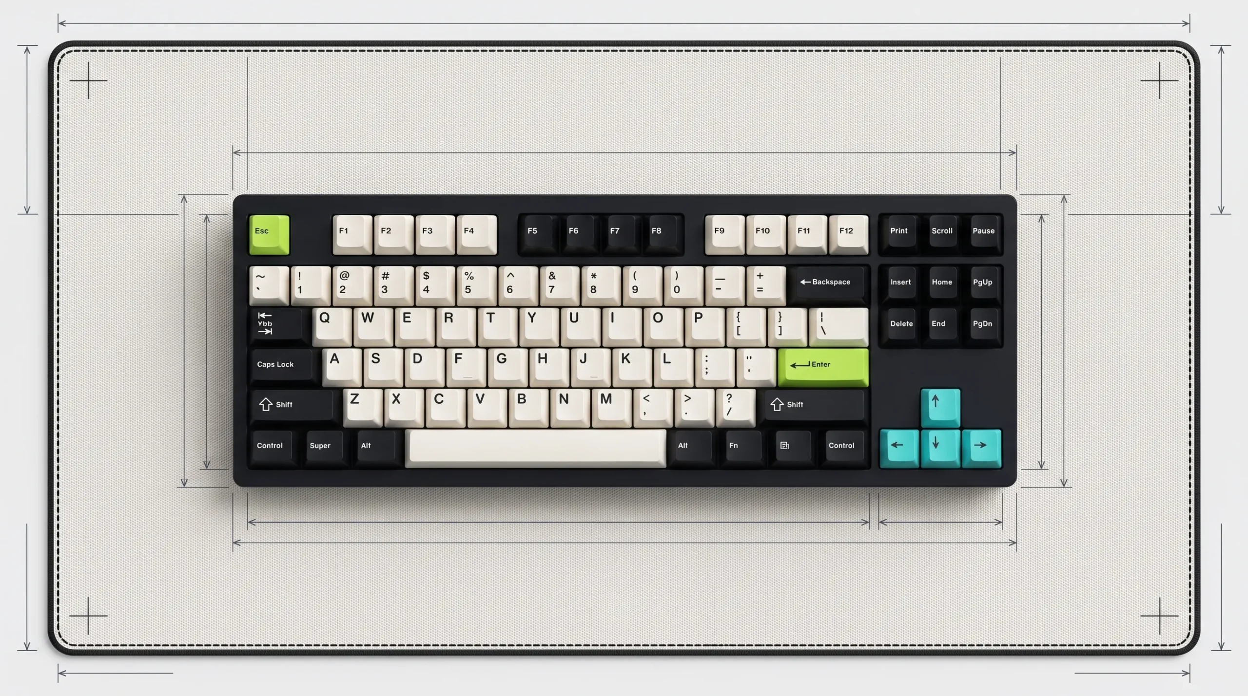Technical top-down view of a keyboard and desk mat